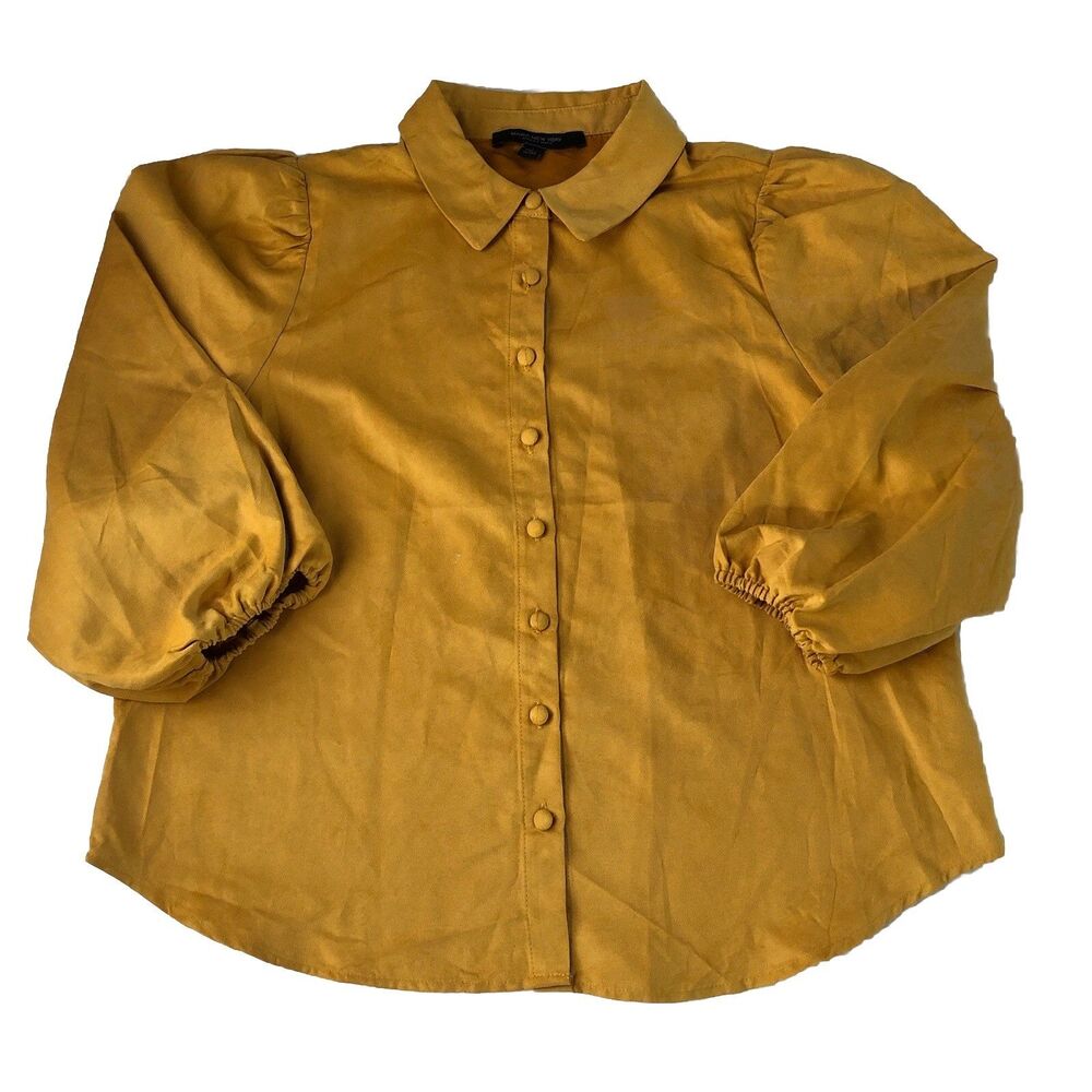 Marc New York Andrew Marc Faux Suede Puff Sleeve Blouse Mustard Large